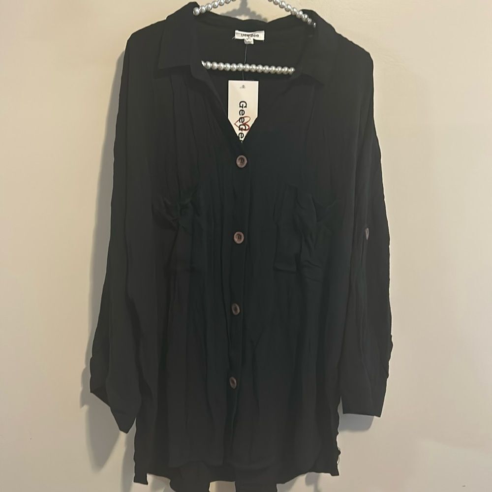 NEW GeeGee 3XL Tunic Blouse Black Button Down Roll Tab Sleeve Plus Size Rayon